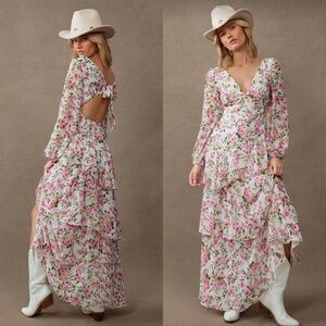 Long sleeve tiered floral v neck maxi dress pink white boho peekaboo cutout back